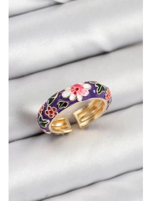 Uravas Store Pirinç Mor Mineli Çiçek Motifli Gold Renk Ayarlanabilir Kadın Yüzük - TJ-BYK3803