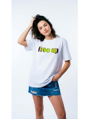Hoxie Kadın Beyaz Bisiklet Yaka Slogan Baskılı Oversize Tişört