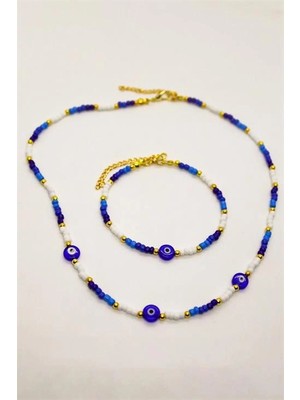 twingold Nazar Boncuğu Figürlü Boncuklu Kolye ve Bileklik Takım