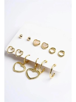 twingold 3 Model Kalp Tasarımlı Yuvarlak ve Top Küpeli 12LI Küpe Seti