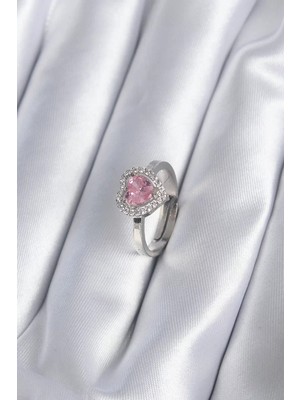 Uravas Store Pirinç Gümüş Renk Pembe Zirkon Taşlı Charm Model Kadın Yüzük - TJ-BYK2864