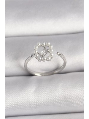 Uravas Store Pirinç Gümüş Renk Zirkon Taş Detaylı Incili Ayarlanabilir Yüzük - TJ-BYK3542