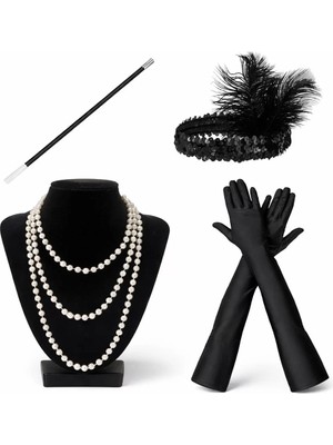 Uravas Store 1920’LER Çarliston Aksesuar Seti – Inci Kolye, Eldiven, Tutucu, Siyah Saç Bandı