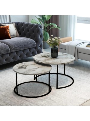 Mooncapella 2’li Orta Sehpa Seti – 60 & 75 cm – Siyah Metal Ayaklı-Mermer Görünümli Gri