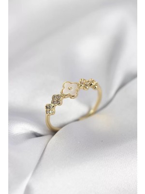 Uravas Store Gold Renk Yonca Zirkon Taşlı Kadın Yüzük - TJ-BYK4058