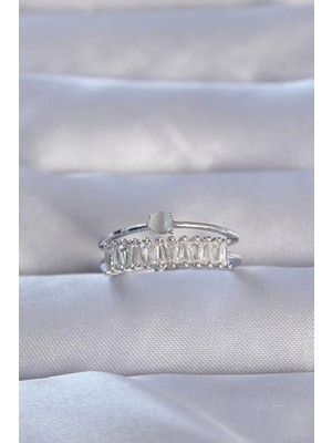 Uravas Store Pirinç Gümüş Renk Zirkon Taşlı Baget Su Yolu Model Ayarlanabilir Yüzük - TJ-BYK3228