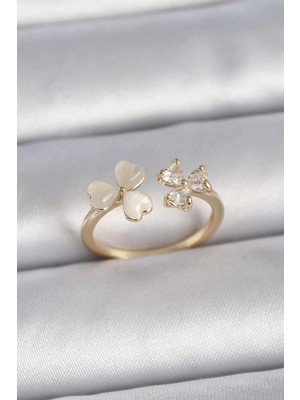 Uravas Store Pirinç Gold Renk Ayarlanabilir Zirkon Taşlı Beyaz Mineli Model Kadın Yüzük - TJ-BYK3388