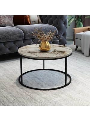 Mooncapella Tekli Gri Orta Sehpa- Siyah Metal Ayaklı - 60 cm Kahve Sehpası