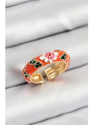 Uravas Store Pirinç Turuncu Mineli Çiçek Motifli Gold Renk Ayarlanabilir Kadın Yüzük - TJ-BYK3804