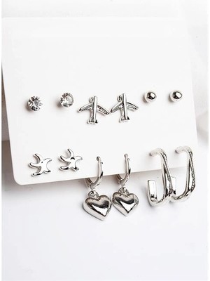 twingold Kalp Yıldız ve Uçak Figürlü Gold Renkli Halka Tektaş ve Top Küpeli 6lı Unisex Küpe Seti