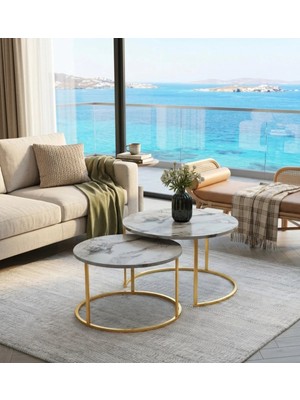 Mooncapella 2’li Orta Sehpa Seti – 60 & 75 cm – Gold Metal Ayaklı-Mermer Görünümli Gri