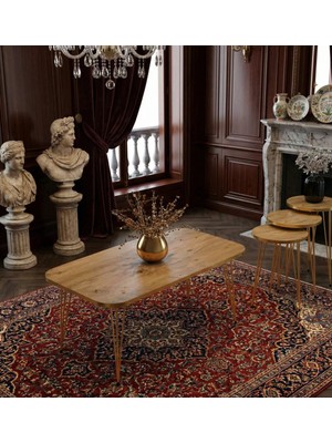 Mooncapella 4'lü, Yuvarlak Modern Gold Detaylı Metal Ayaklı Sehpa Seti- Ahşap