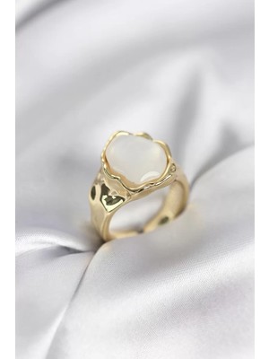 Uravas Store Gold Renk Beyaz Taşlı Kadın Yüzük - TJ-BYK3964