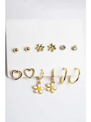 twingold Kalp ve Papatya Tasarımlı Halka Küpeli 12LI Küpe Seti