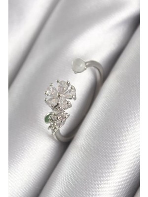 Uravas Store Pirinç Gümüş Renk Zirkon Taşlı Çiçek Model Kadın Yüzük - TJ-BYK3048