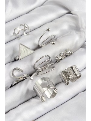 Uravas Store Pirinç Üçgen Model Gümüş Renk Kadın Yüzük Kombin Set - TJ-BYK3820