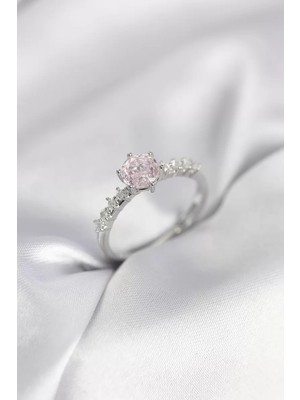 Uravas Store Gümüş Renk Pembe Tek Taş Model Zirkon Taşlı Kadın Yüzük - TJ-BYK3992