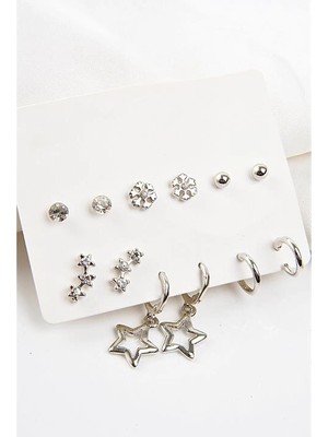 twingold Yıldız Tasarımlı Kar Taneli Gold Renkli Sıralı Yıldızlı 12LI Unisex Küpe Seti