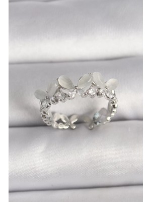 Uravas Store Pirinç Gümüş Renk Zirkon Taşlı Beyaz Mineli Model Ayarlanabilir Yüzük - TJ-BYK3530