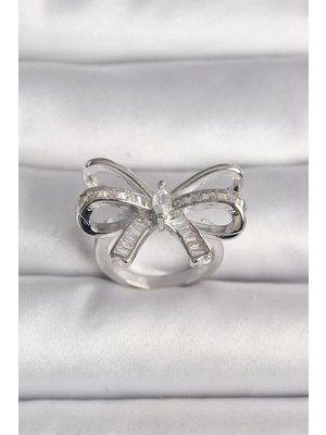 Uravas Store Pirinç Gümüş Renk Ayarlanabilir Zirkon Taşlı Kurdele Model Kadın Yüzük - TJ-BYK3585