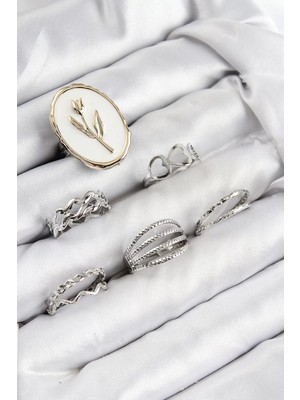 Uravas Store Pirinç Zirkon Taşlı Lale Model Gümüş Renk Kadın Yüzük Kombin Set - TJ-BYK3824