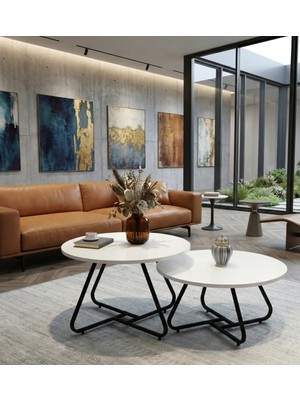 Mooncapella 2’li Yuvarlak Orta Sehpa Seti Metal Siyah Ayaklı Beyaz