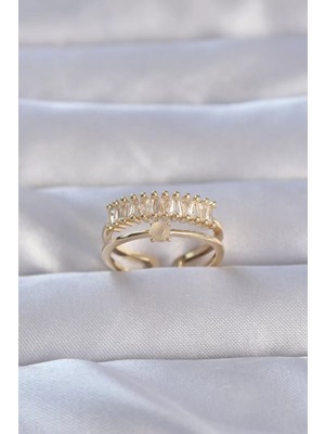 Uravas Store Pirinç Gold Renk Zirkon Taşlı Baget Su Yolu Model Ayarlanabilir Yüzük - TJ-BYK3229