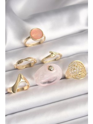 Uravas Store Pirinç Gold Renk Pembe Plastik Yüzük Model Daire Pembe Mine Yılan Detay 6'lı Kadın Yüzük Seti - Tj-