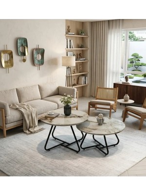 Mooncapella 2’li Yuvarlak Orta Sehpa Seti Metal Siyah Ayaklı Gri Mermer Görünümlü