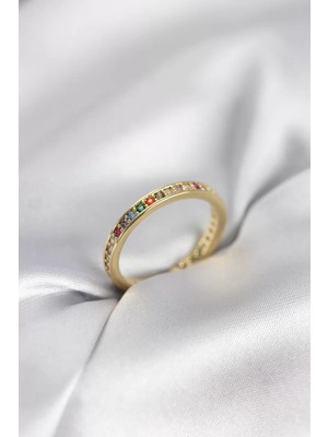Uravas Store Gold Renk Sıralı Renkli Zirkon Taşlı Kadın Yüzük - TJ-BYK3965