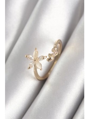 Uravas Store Pirinç Gold Renk Zirkon Taşlı Çiçek Model Detay Kadın Yüzük - TJ-BYK3069