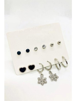 twingold Kar Tanesi Tasarımlı Kalpli Tektaş ve Top Küpeli 6lı Küpe Set