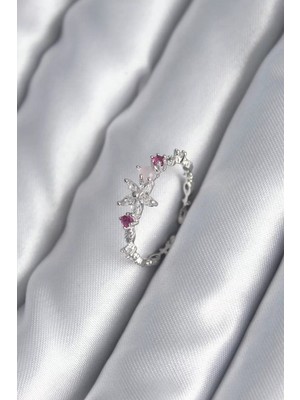Uravas Store Pirinç Gümüş Renk Zirkon Taşlı Çiçek Model Pembe Zirkon Taş Detay Kadın Yüzük - TJ-BYK2984