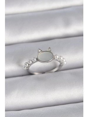 Uravas Store Pirinç Gümüş Renk Ayarlanabilir Beyaz Mineli Model Inci Detay Kadın Yüzük - TJ-BYK3387