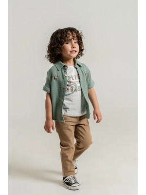 Bontino Erkek Çocuk %100 Pamuk 3'lü Takım Nakışlı Gömlek Baskılı Tişört ve Likralı Pantolon