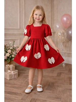 Zepkids Bisiklet Yaka Incili Fiyonklu Kısa Kol Kırmızı Renk Kız Çocuk Elbise