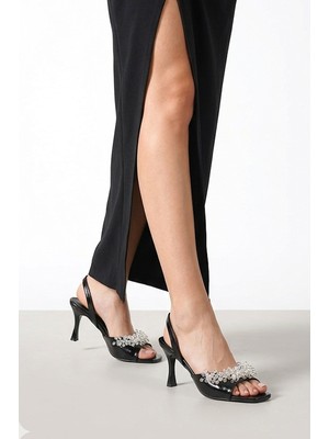 Gökhan Talay Vela Esnek Yumuşak Kaymaz Taban (8 Cm) Siyah Rugan El Yapımı Şeffaf Boncuk Detaylı Kadın Topuklu Ayakkabı