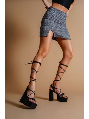 Ayakkabı Ateşi Siyah Cilt Düğüm Biyeli Tasarım Platform Kadın Ayakkabı Hanna