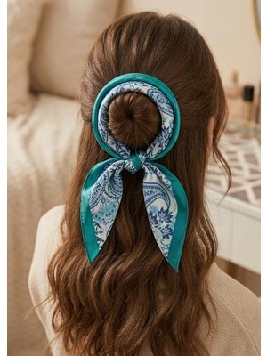 Mavi Masal Tropkikal Baskılı Kadın Yeşil Bandana Fular