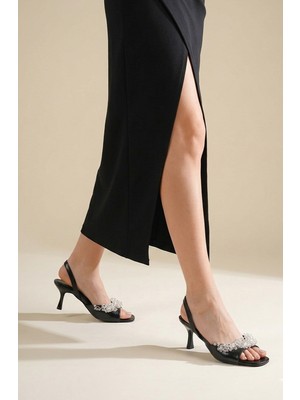 Gökhan Talay Lumira Esnek Yumuşak Kaymaz Taban (4 Cm) Siyah Rugan El Yapımı Şeffaf Boncuk Detaylı Kadın Topuklu Ayakkabı