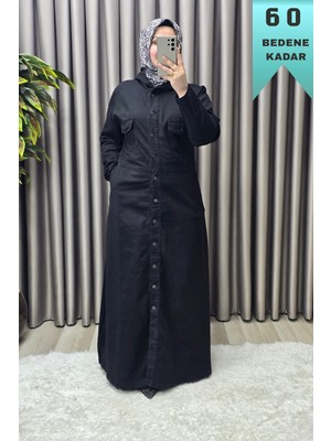 Elmas Tesettür Kadın Giyim Büyük Beden Düğmeli Kapşonlu Tam Boy Kot Elbise