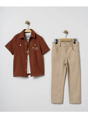 Bontino Erkek Çocuk %100 Pamuk 3'lü Takım Nakışlı Gömlek Baskılı Tişört ve Likralı Pantolon