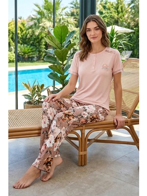 Kadın Penye Kısa Kol Pijama Takımı 3340 PUDRA01