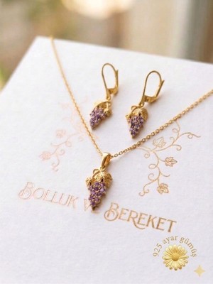 925 Ayar Papatya Silver Taşlı Üzüm Kolye Küpe Set.rose.gold.rodaj