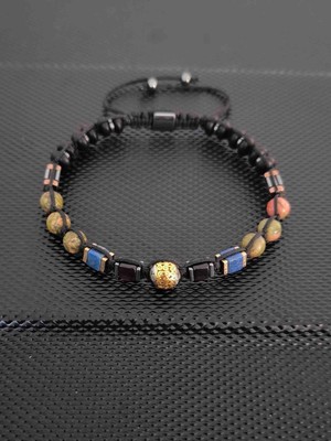 Tahrastone Unakit-Lapis Lazuli-Oniks-Baltık Damla Kehribar-Hematit-Zamak-Doğaltaş Bileklik Takı Aksesuar Erkek Bileklik