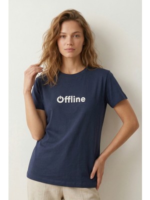 Elemge %100 Pamuk Süprem Pijama Üstü T-Shirt Compact Penye Kadın  Rahat Kalıp Lacivert Kısa Kol Offline Bask