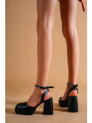 Ayakkabı Ateşi Siyah Cilt Platform Topuklu Kadın Ayakkabı Alecia