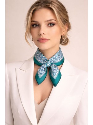 Mavi Masal Yeşil Saten Tropikal  Desenli Kadın Fular