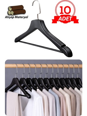 Dekohop Kalın Ahşap Ceket Gömlek ve Takım Elbise Için Lüks Askı 10 Adet 3 cm Kalınlık Siyah