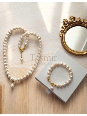 Taşmir Sertifikalı Aaa Kalite 9-10 mm Gerçek Inci Kolye Bileklik Set - Paslanmaz Çelik Aparatlar